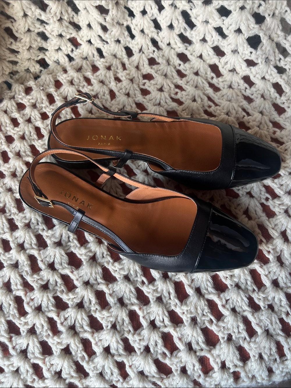 JONAK Black Patent & Leather Slingback Flats